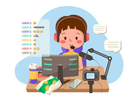 Cute Streamer playing video games online illustration. Boy plays games on PC while sitting at home with headphones, microphone and camera at the table. Online chat with viewers. Vector illustration.のイラスト素材