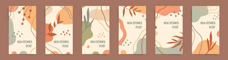 Fall sale stories banners template set. Fall design for new stories and promo posts. Autumn design with floral elements, geometric shapes, leaves and wavy lines in orange, brown, and beige colors set.のイラスト素材