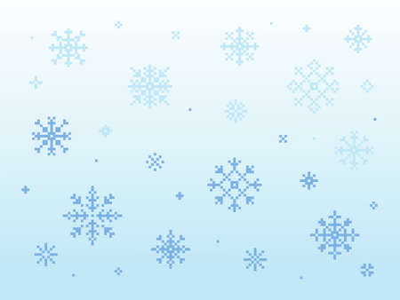 Pixel snowflakes set. Pixel art blue and white snowflakes for pattern, background, decoration, paper, game, textile. Pixelated flakes of snow elements vector illustration collection.のイラスト素材