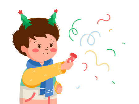 Cute boy with Christmas cracker vector isolated illustration. Male person character on white. Christmas holiday celebration with colorful confetti and ribbons.のイラスト素材