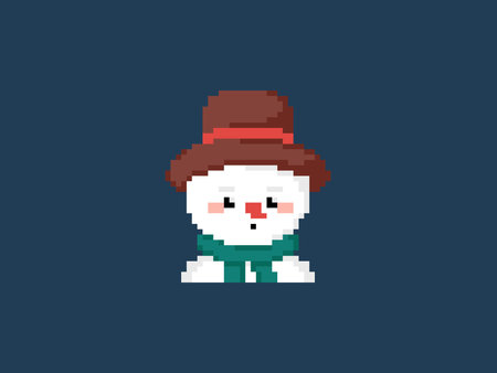 Pixel art snowman in a scarf and hat. Vector 8 bit style retro illustration of winter snowman sculpture. Isolated winter avatar.のイラスト素材