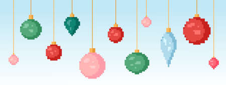 Pixel art Christmas decorations. Vector 8 bit style clipart set of Christmas bauble toys. Isolated elements of computer graphic.のイラスト素材