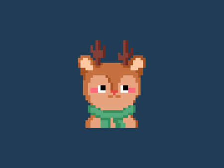 Pixel art Reindeer in scarf. Vector 8 bit style retro illustration of cute winter deer. Isolated winter avatar.のイラスト素材