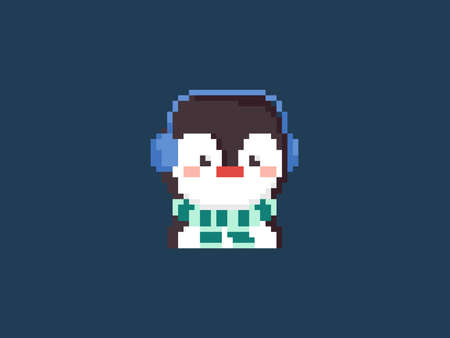 Pixel art penguin in a scarf and warm ears. Vector 8 bit style retro illustration of winter animal. Isolated winter avatar.のイラスト素材
