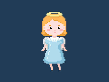 Pixel art Christmas girl angel in a blue dress with a halo. Vector 8 bit style retro illustration of winter angel girl with nimbus. Isolated winter avatar.のイラスト素材