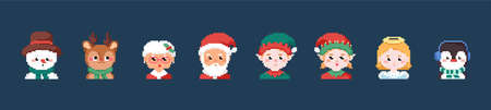 Pixel art Christmas characters icon set. Vector 8 bit style retro illustration of Christmas fantasy people like Santa, deer, elf, snowman, penguin, angel and mrs Claus. Isolated winter avatars.のイラスト素材