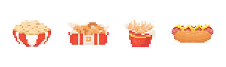 Pixel art fast food set illustrations. 8 bit style retro icons of mashed potatoes, onion rings, fries and hot dog. Vector fast food symbols for game, decoration, sticker or web.のイラスト素材