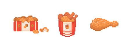 Pixel art fried chicken set illustrations. 8 bit style retro icons of chicken nuggets, bucket of spicy chicken legs and deep-fried leg. Vector fast food chicken for game, decoration, sticker or web.のイラスト素材