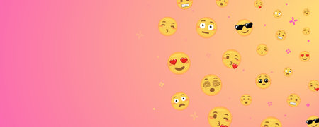 Pixel art emoji background. Funny 8 bit video game style background with yellow pixel art emoji face, Streamer screensaver or decorative background. Pink gradient background and free space for messageのイラスト素材