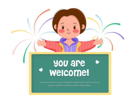 Girl With Fireworks and greeting card with text - you are welcome. Cute female young person with green school board surrounded by fireworks. Vector celebration isolated character on white background.のイラスト素材