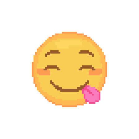 Pixel art hungry goofy emoticon. Retro pixel emoji of savoring food yellow face. Cute cartoon kawaii vector social media icon with tongue. 8 bit style emoji yellow smile.のイラスト素材
