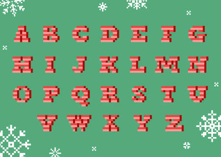Pixel art Christmas candy cane lane uppercase alphabet lettering. 8 bit style retro font for merry Christmas and happy new year decoration. Vector red vintage red and white caramel type.のイラスト素材