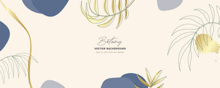 Minimal background in blue colors with golden elements and outline tropical plant leaves or plant. Modern patterns with elegant luxury aesthetics cover design.のイラスト素材
