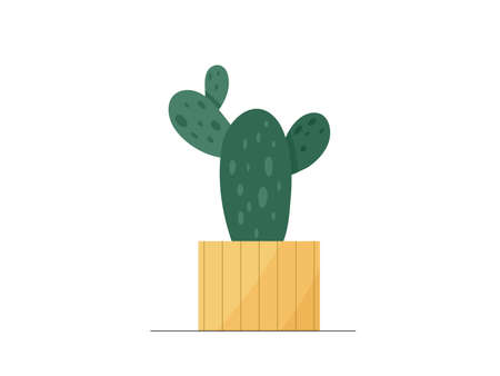 Cute flat vector cactus in yellow linear flowerpot illustration. Modern cartoon mini cacti plant in trendy pot icon. Cozy home flower vector graphic element.のイラスト素材