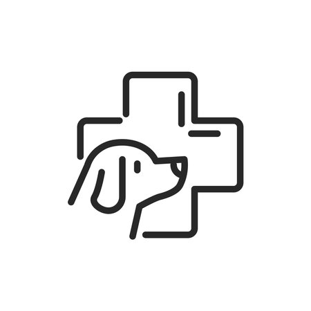 Dog Veterinary Service Icon. Vector Outline Editable Sign of Veterinary or Canine Care Services for Dogs. Illustration of Dog in Front of a Health Crossのイラスト素材