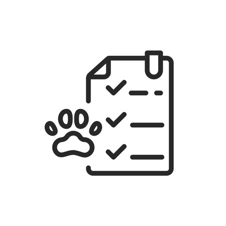 Pet Health Check List Icon. Vector Outline Editable Sign of Veterinary Care Checklist with Paw Print, Animal Health Monitoring and Control Conceptのイラスト素材