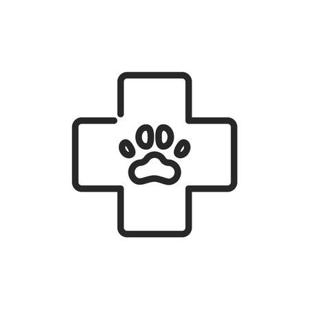 Veterinary or Vet Clinic Icon. Vector Outline Editable Sign of Medical Cross with Paw, Symbol Representing Animal Health and Care Services.のイラスト素材
