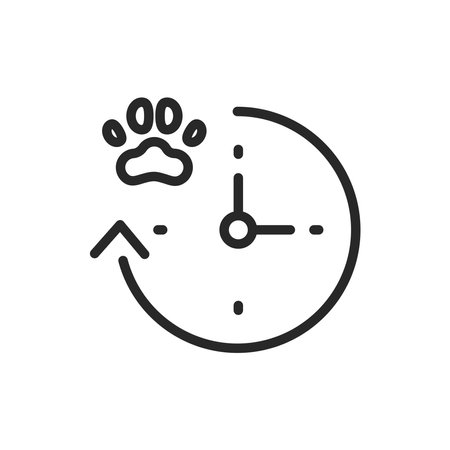 Veterinary Clinic Business Hours Icon. Vector Outline Editable Sign of Paw Symbol on Clock, Ideal for Vet Clinics, Websites, Scheduling Appointmentsのイラスト素材