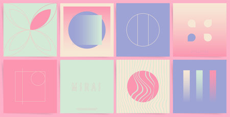 Postmodern love in a pink gradient geometric design. Minimalist cover backgrounds set with boho elements, perfect for fashion posts, music covers, and creative web layouts.のイラスト素材