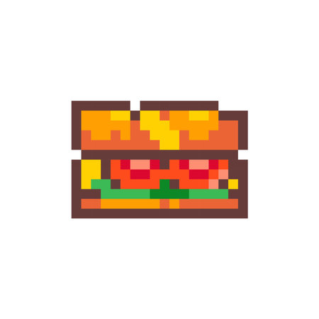 Pixel Art Sandwich. Retro 8 bit Style Fast Food Sandwich Baguette Illustration. Ideal for Sticker, Retro Decorative Element, Game Asset, Emoji, or Cute Geek Avatar.のイラスト素材