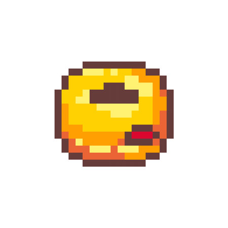 Pixel Art Donut. Retro 8 bit Style Bakery Dessert Donut with Chocolate Filling Illustration. Ideal for Sticker, Retro Decorative Element, Game Asset, Emoji, or Cute Geek Avatar.のイラスト素材