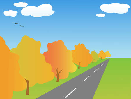 autumn trees and the road stretches to the horizonのイラスト素材