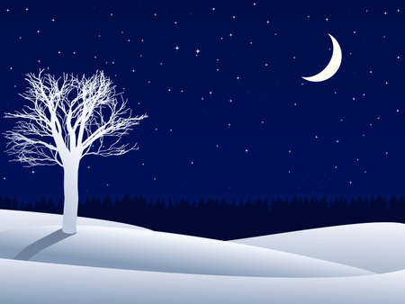 night winter landscape with lonely tree and crescent moonのイラスト素材