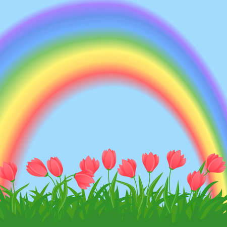 horisontal spring flowers and grass illustration with rainbowのイラスト素材