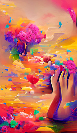 Painting of hands and bouquet of flowers on colorful background.の素材