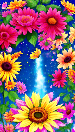 summer background with sunflowers and starry sky, illustrationの素材