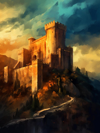Digital painting of the medieval castle of Alhambra in Granada, Spainの素材