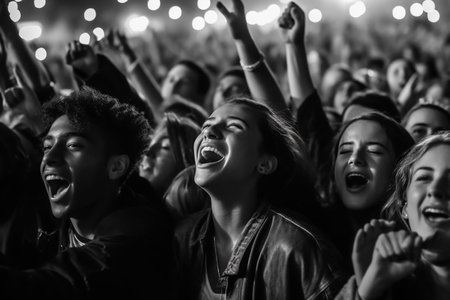 Crowd cheering at a music festival, black and white photo.の素材
