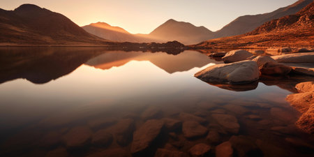 Reflection of mountains and clouds in lake at sunrise, Scotland, UKの素材