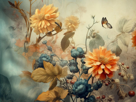 Vintage floral background with flowers and butterflies. Photo in old color image styleの素材
