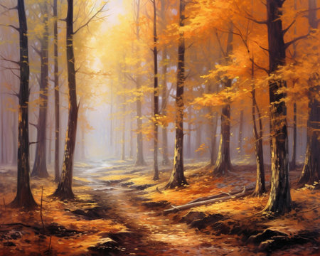 Autumn forest landscape with fog and trees. Digital art painting.の素材