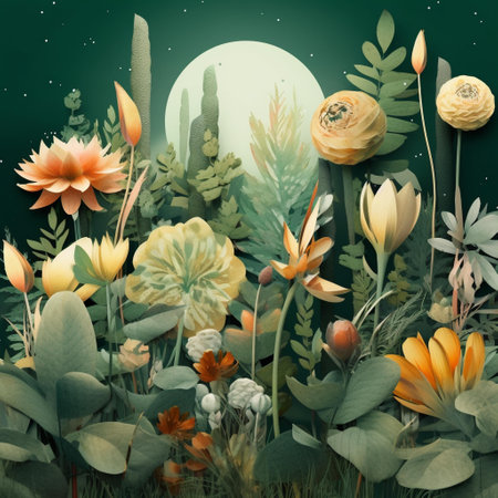 Illustration of fantasy landscape with cactuses, flowers and moonの素材