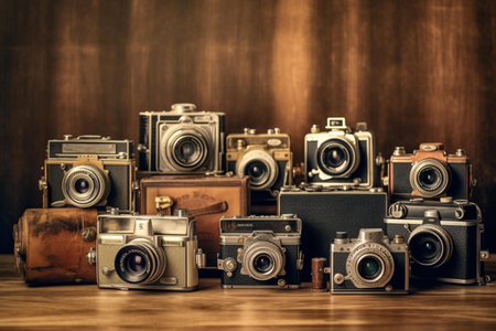 Vintage camera on wooden background. Photo in old color image style.の素材