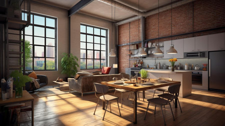 Modern kitchen interior design. 3d rendering mock up scene in loft styleの素材