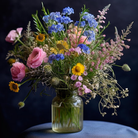Bouquet of wildflowers in a vase on a dark backgroundの素材