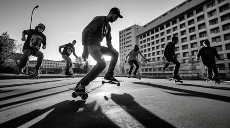 Group of skateboarders having fun at skate park. Black and white image.の素材