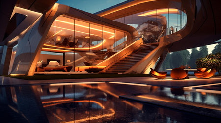 Modern architecture. 3D rendering. Futuristic interior design of the building.の素材