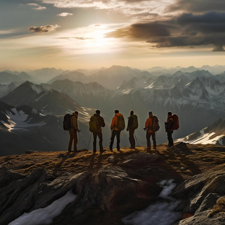 Group of hikers on the top of a mountain at sunset,3d renderの素材