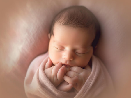 Cute newborn baby sleeping on a soft blanket. Selective focus.の素材