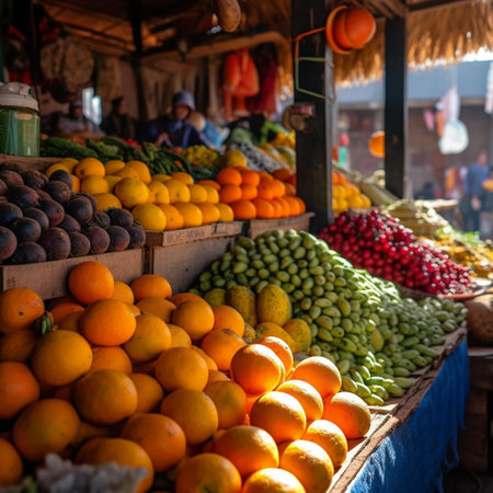 Fruits and vegetables at the local market in the city of Kolkata in West Bengal in India.の素材