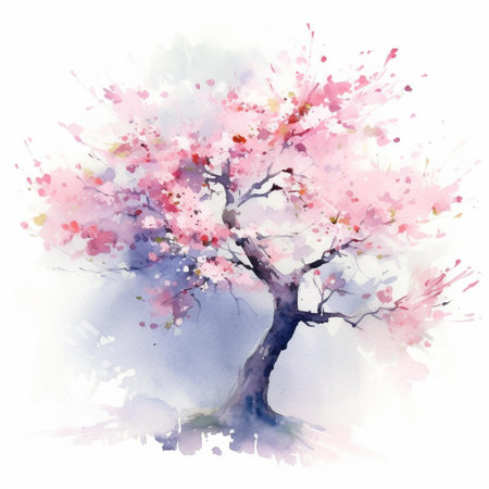 Watercolor cherry blossom tree on white background. Vector illustration.の素材