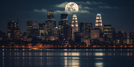 Midtown Manhattan skyline at night with full moon over Hudson River.の素材