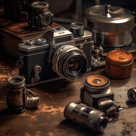 Vintage camera on a wooden table. Photo in old color image styleの素材