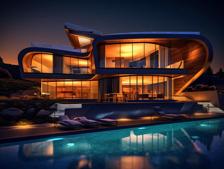 3d rendering of modern cozy house with pool and parking for sale or rent in luxurious style and beautiful landscaping on background. Clear summer night with many stars on the sky.の素材