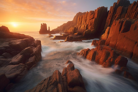 Beautiful sunrise over the sea with waves crashing on the rocks.の素材