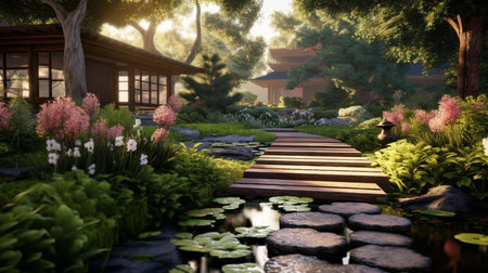 3d render of garden with pond and plants at sunset time.の素材